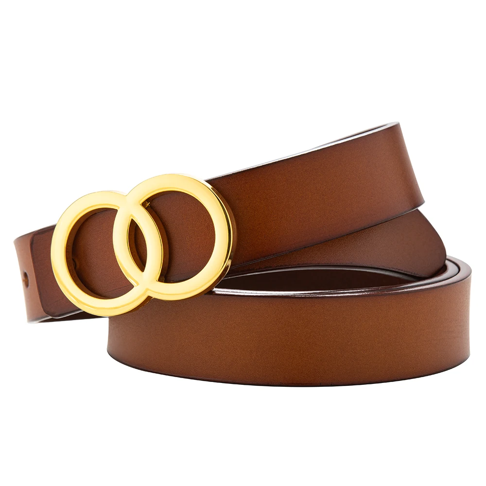 Luxury Designer Brand Leather Belt for Women with Double Ring Golden Alloy Buckle for Dress Jeans Ladies 2.4cm Wide Casual Strap