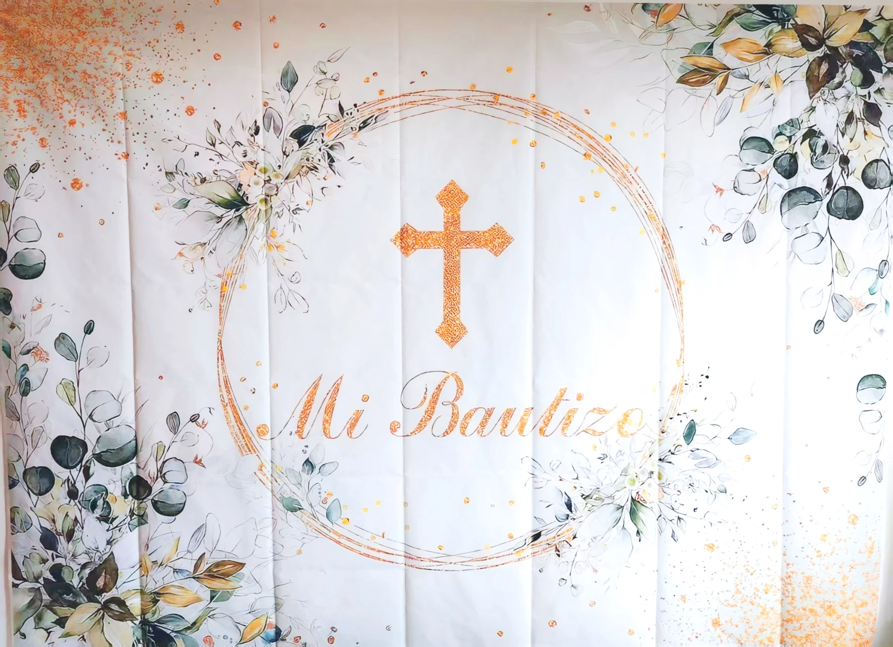 

Baptismal Decoration Ángel Gold Sequined Green Leaf Communion Baptism Theme Photography Background Cloth Newborn Shower Party
