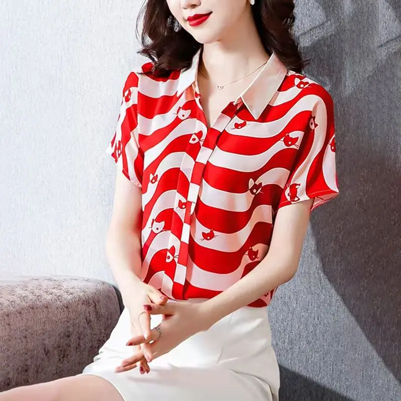 Elegant Chiffon Striped Office Shirt Tops Summer New Polo Neck Short Sleeve Thin Printing Blouse Vintage Fashion Women Clothing