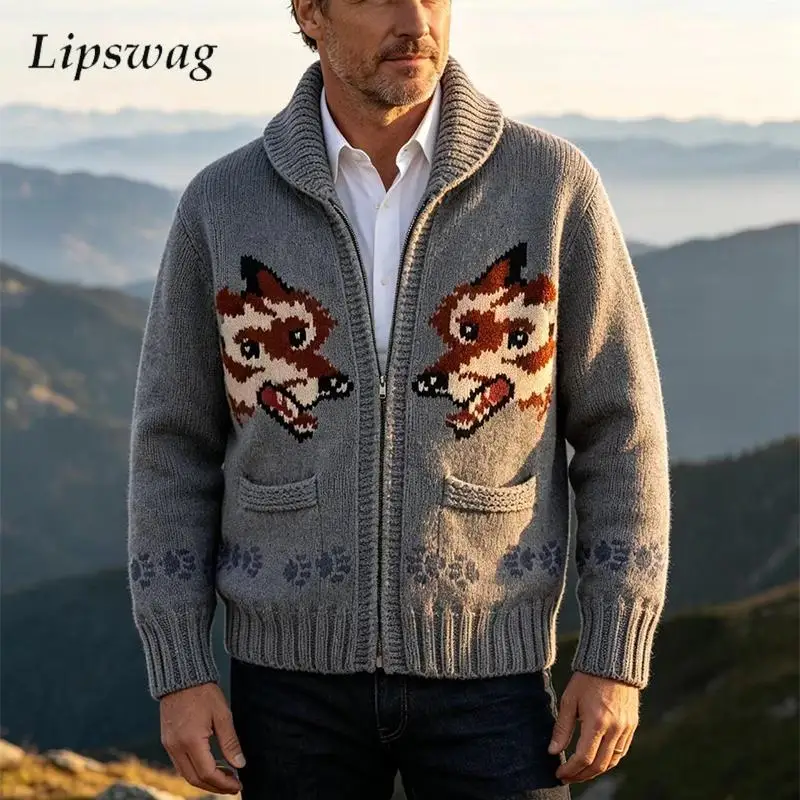 Winter Thermal Warm Thickened Sweatercoat Men Vintage Fox Crochet Knitting Coats Autumn Casual Mens Lapel Zip-up Knit Cardigan