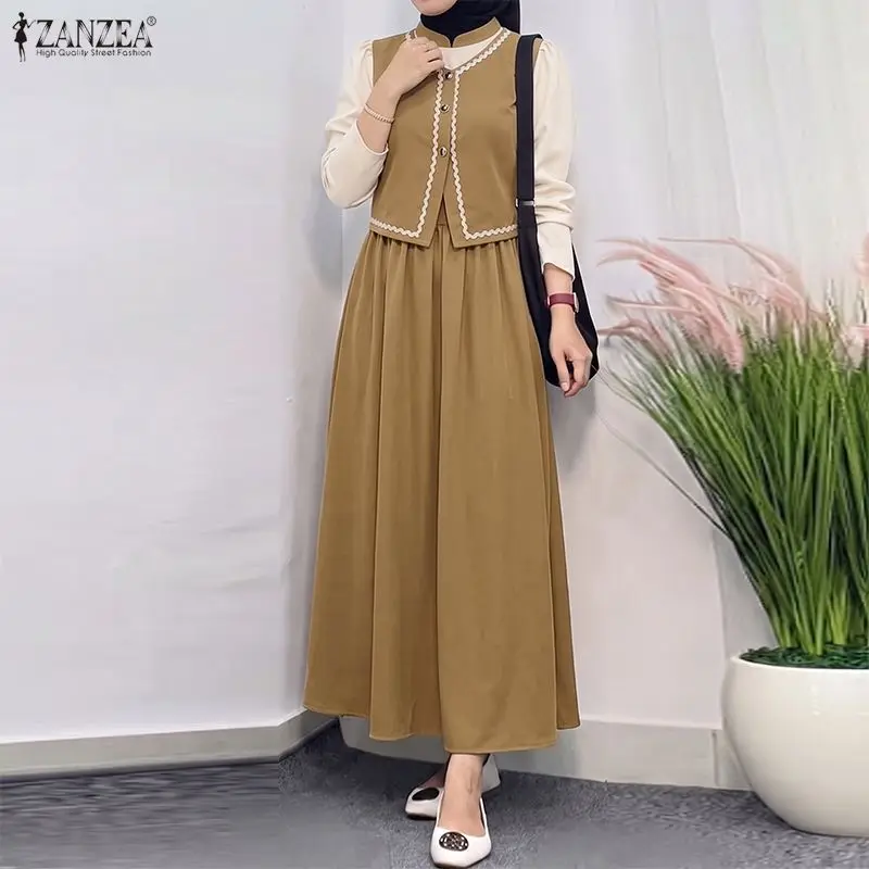 ZANZEA Women Autumn Patchwork Dress Muslim Abaya Long Sleeve Fake Two Piece Colorblock Wavy Trim Dresses Modest Ramadan Robe