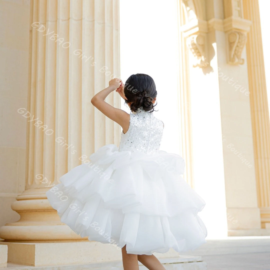 결혼식을위한 흰 꽃 소녀 드레스 유아 스팽글 계층화 된 Organza 공주 미인 대회 드레스 어린이 생일 파티 볼 가운 맞춤
