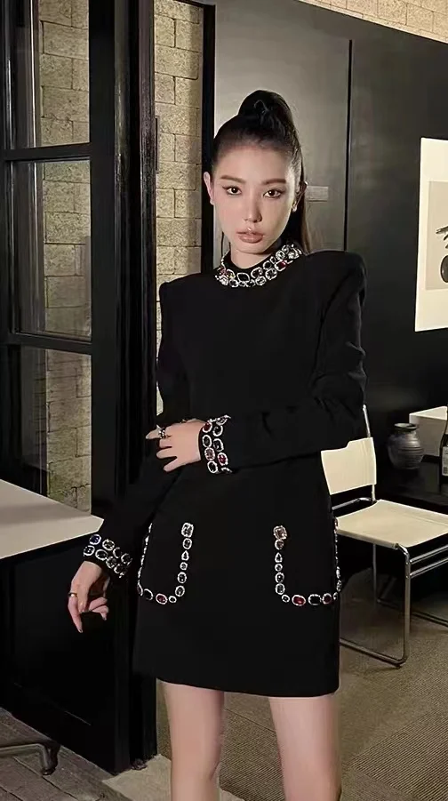 

Luxury Fashion Vintage Women Spring Autumn Diamond Stand Collar Long Sleeve Zipper Evening Party Casual Dresses