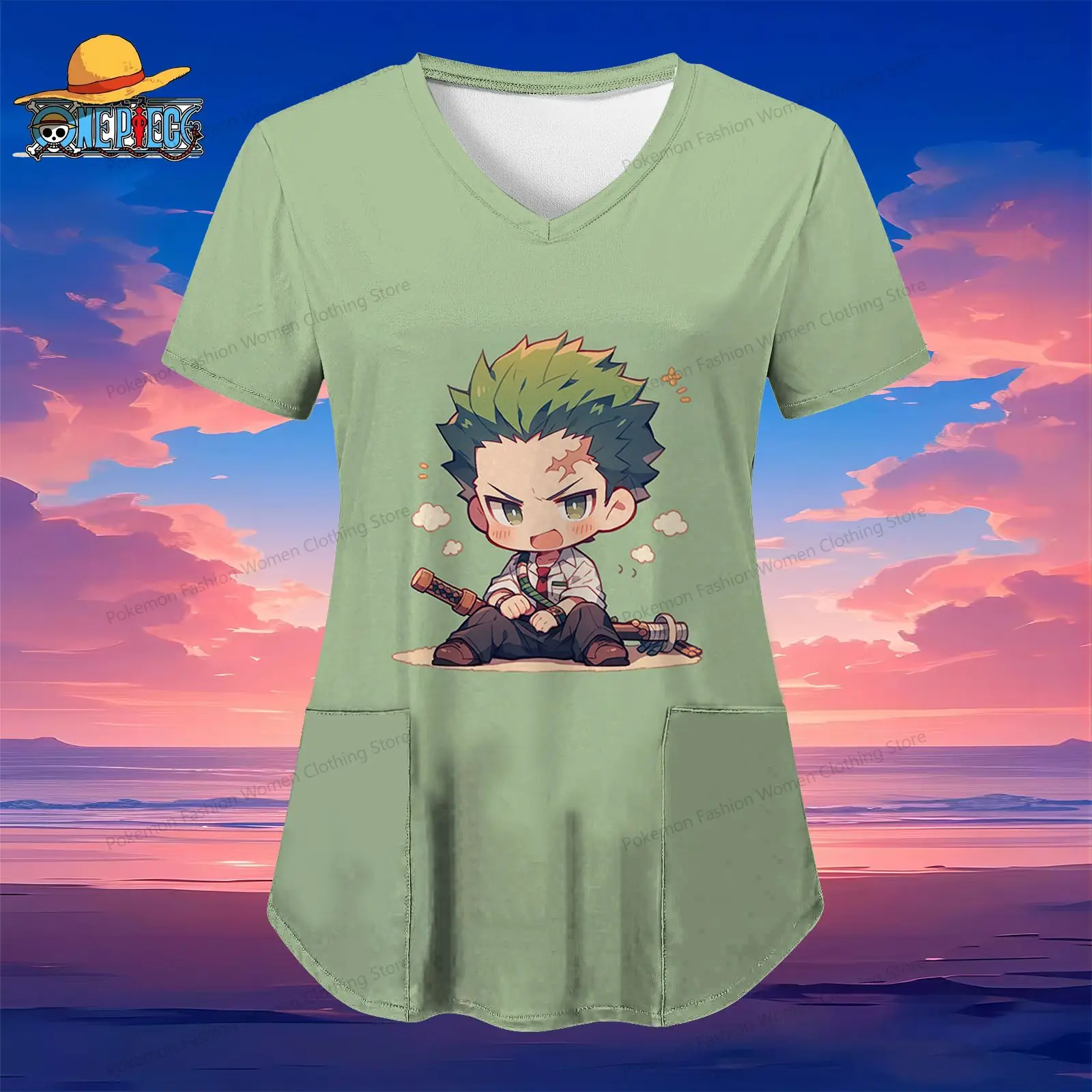 One Piece Luffy Pocket Women's V Neck Nurse Uniform T-Shirt Summer Short Sleeve 2024 Anime Youthful Woman Clothes Street Wear