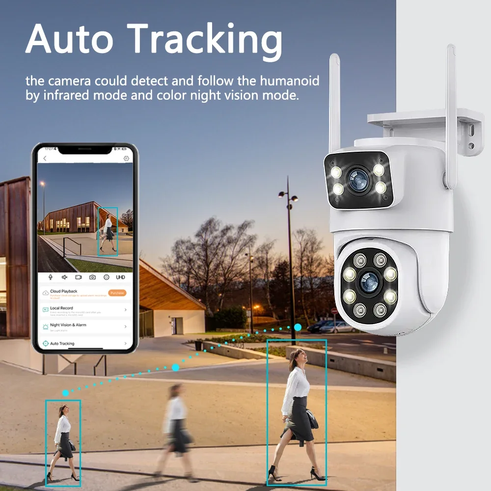 NINIVISION-Câmeras IP PTZ de Segurança Externa, Câmera de Vigilância WiFi, Lente Dupla, Rastreamento Automático, Detecção Humana AI, 4K, Áudio 8MP