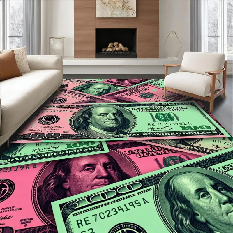 Pink Green 100 Dollar Bill Area Rug Money Print Luxury Cash Floor Mat Soft Non-Slip Funny Dollar Carpet for Living Room Bedroom