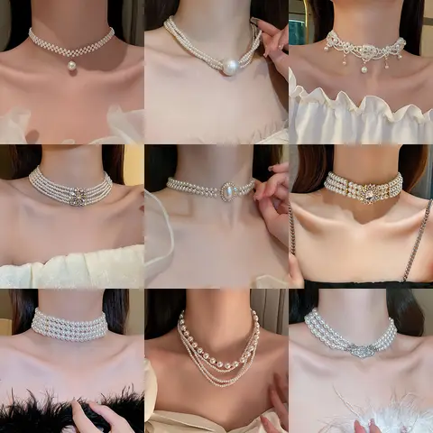 여성을위한 다층 진주 초커 목걸이 짧은 기하학 크리스탈 초커 목걸이 빈티지 궁전 결혼식 신부 보석