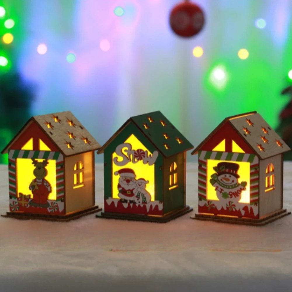 

New Christmas Decoration Painted Glowing Christmas Wooden House Christmas Small Gift DIY Glowing Wooden House Home Ornament