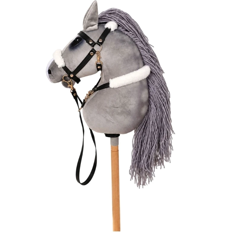 DXAE Horse Plush Handcraft Hobby Horse Horse Toy Gift with a Cotton Gray Body, White Fuzzy Trim, Bridle-Style Straps, and