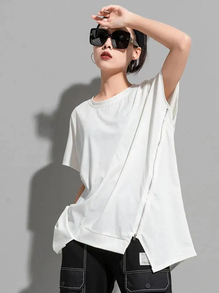 Irregular Women Black Zipper Hem Big Size T-shirt New Round Neck Short Sleeve Fashion Spring Summer 2026 1DJCD