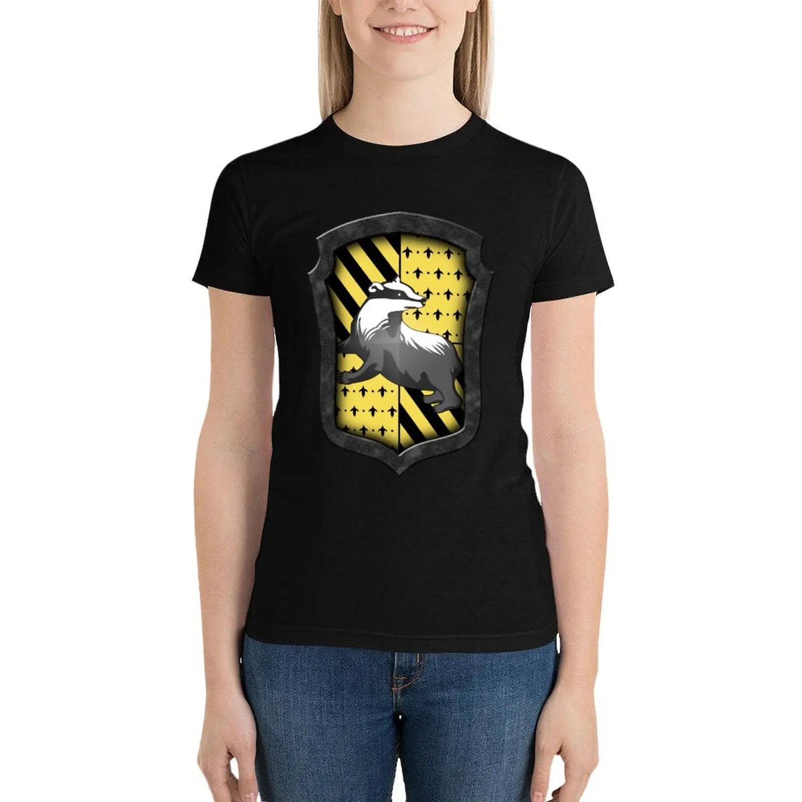 

Badger House Crest Black Yellow T-Shirt summer tops cute tops t shirt for Women