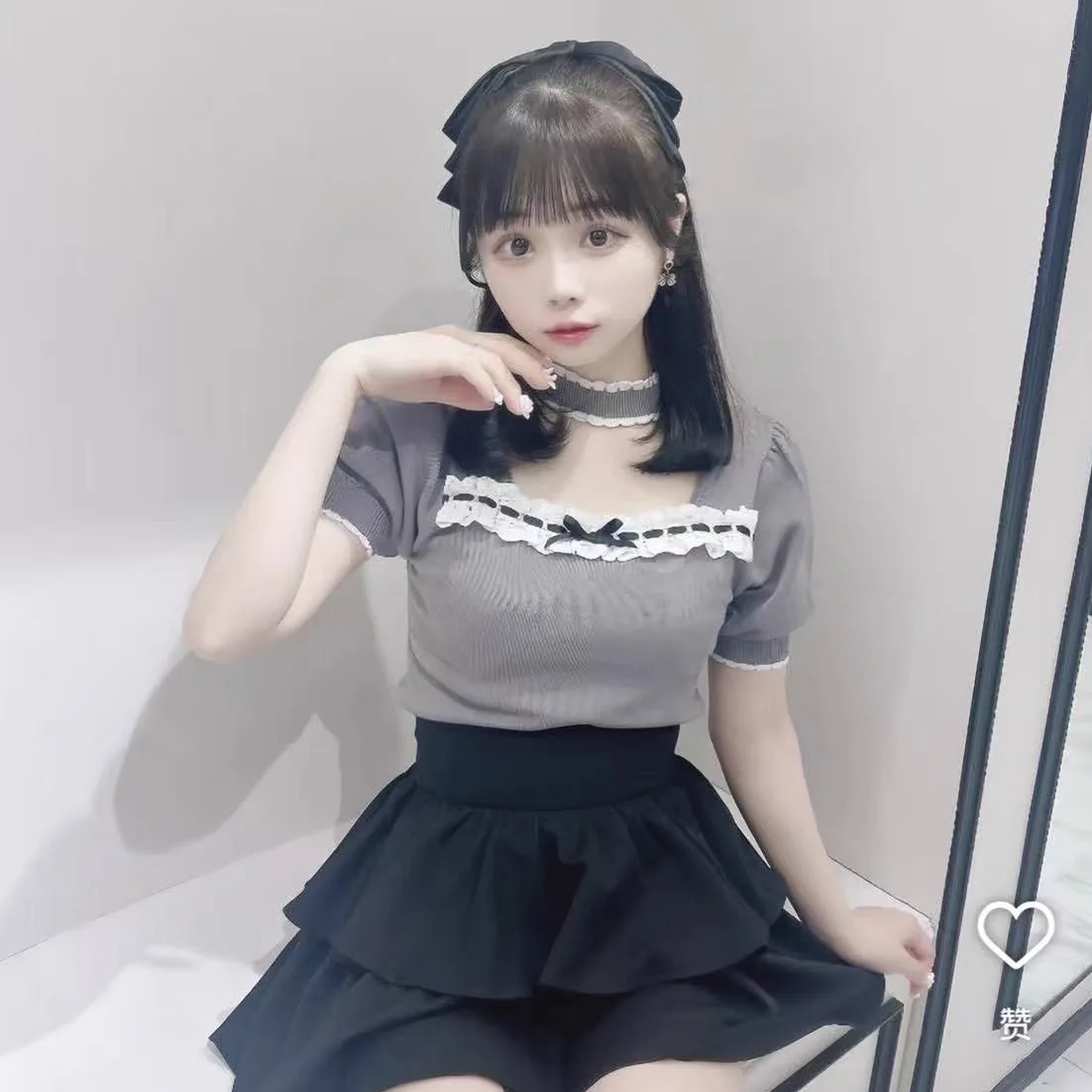 Style japonais élégant doux broderie volants Patchwork arc creux col carré manches bouffantes décontracté tricoté T-Shirts hauts femmes