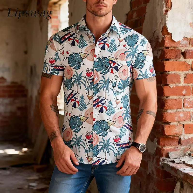 

Seaside Beach Casual Short Sleeve Shirts Mens Summer Vintage Floral Pritning Men Shirt Tops Fashionable Button-up Lapel Shirts