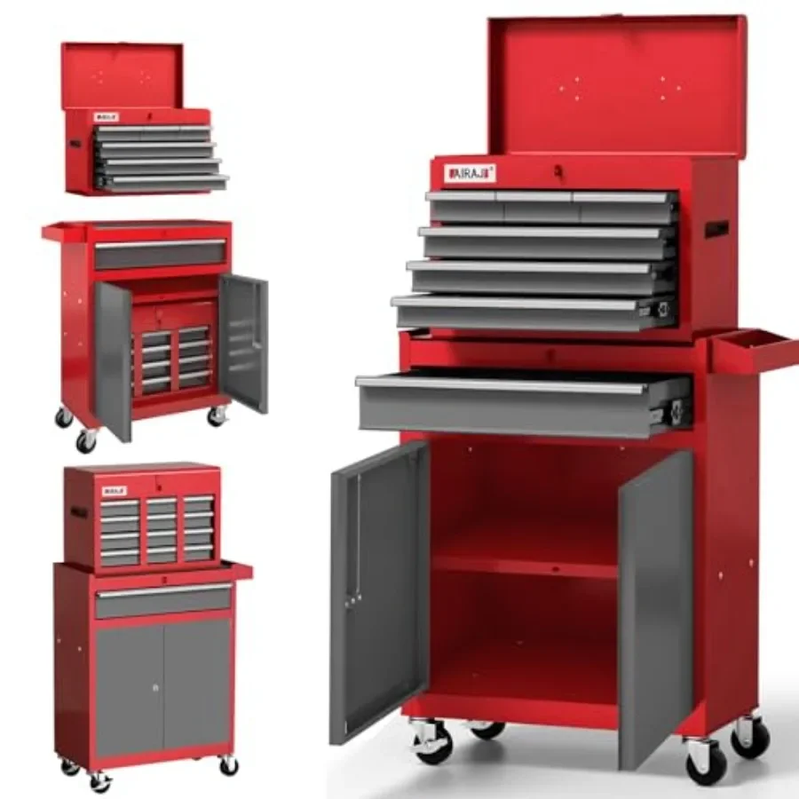 7-Drawer Tool Chest with Wheels for Workshop Use, Steel Construction, Red Color, Heavy-Duty Rolling Design with Smooth-Gliding