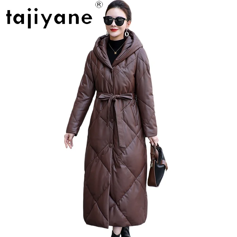TAJIYANE Real Sheepskin Goose Down Coat Women Long Slim Belt Puffer Jackets Hooded Genuine Leather Jacket Woman Clothes 2025 코트