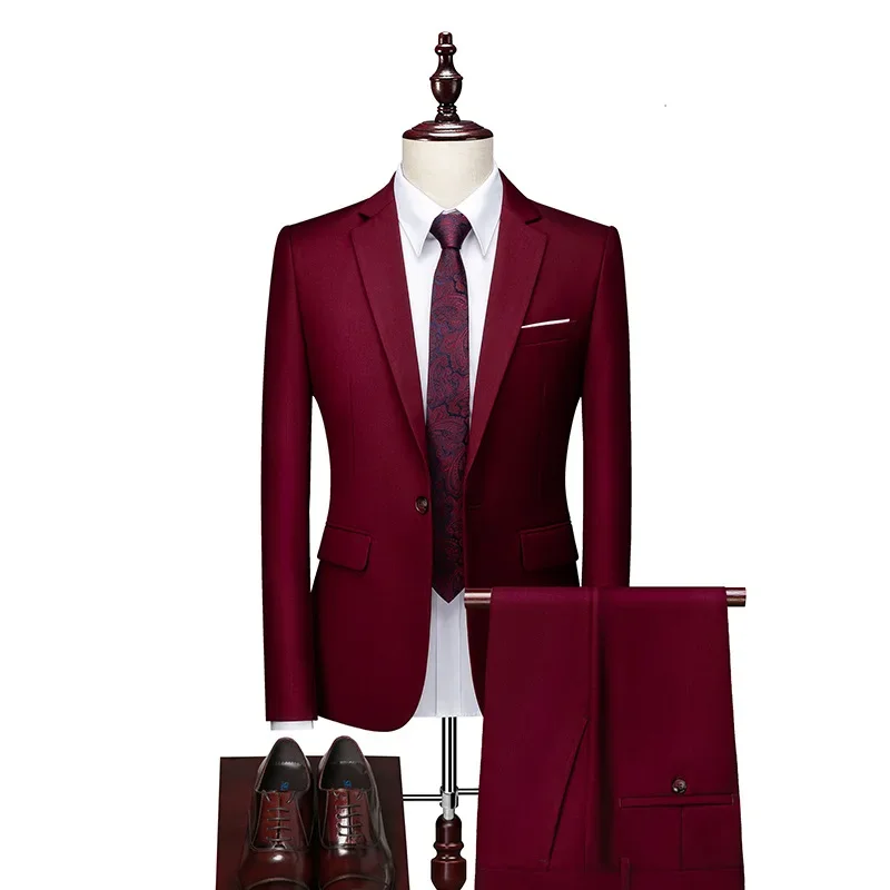 Boutique (Blazer + Trousers) Men's British Style Elegant High-end Simple Casual Gentleman Best Man Suit Two-piece Suit