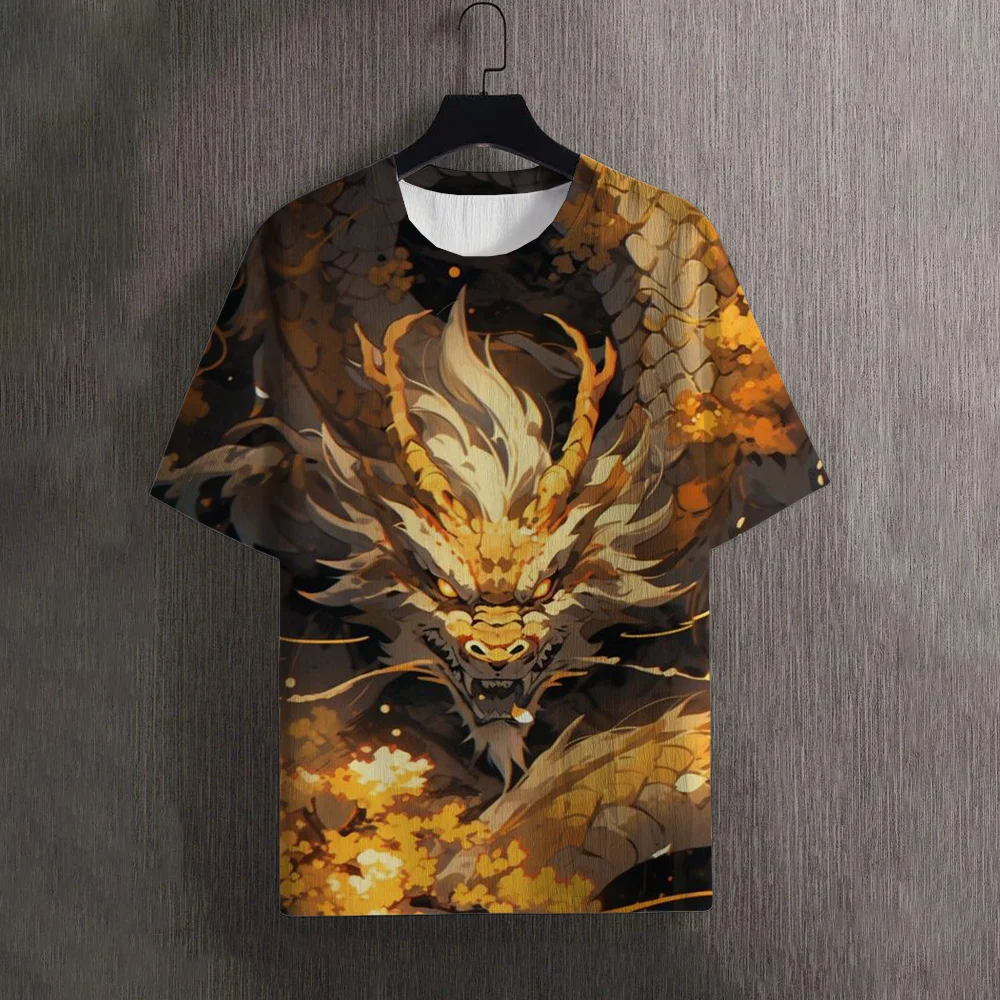 Leisure Dragons Pattern Printed Men\'s T Shirt Round Neck Loose Tops Breathable Comfortable Summer Oversized y2k Clothes For Men