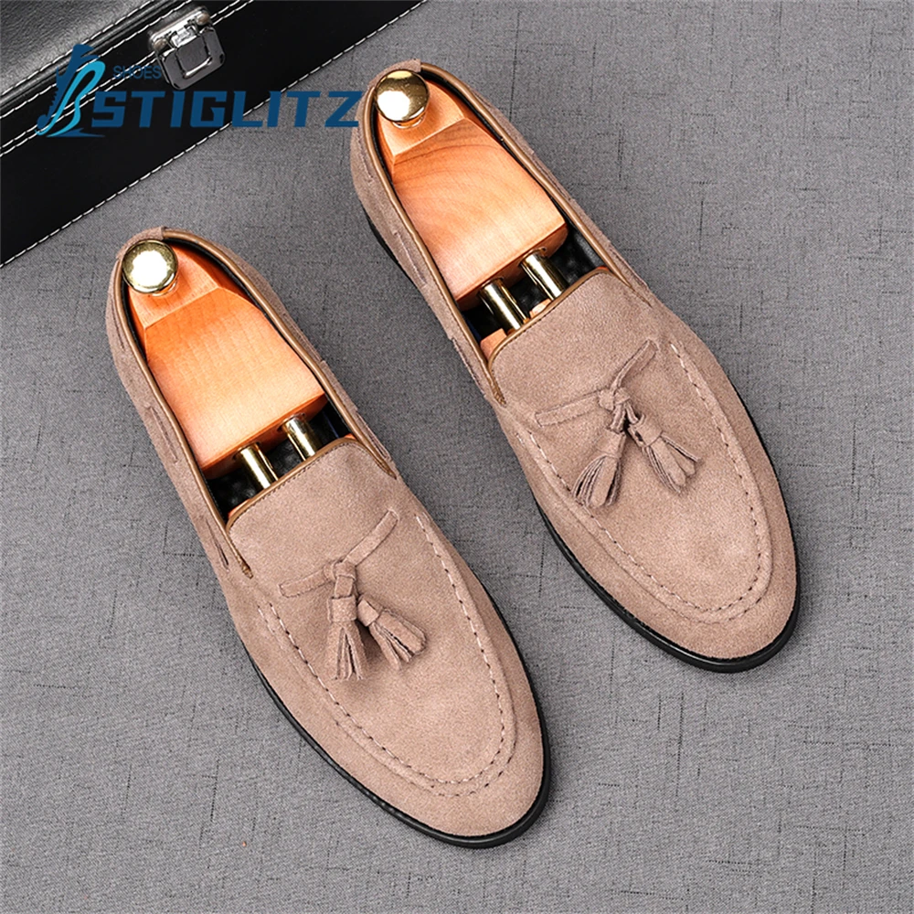 

Suede Tassel Mules Slip On Genuine Leather Mules British Style Concise Flat Casual Shoes Men's Shallow Inner Heightening Loafers