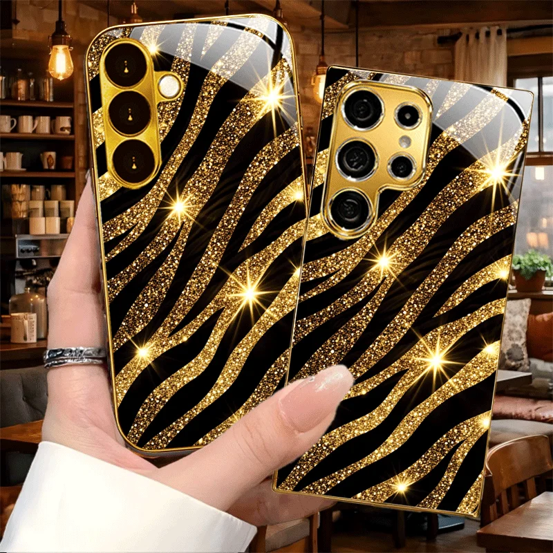 Flash Gold Zebra Texture Phone case s26 ultra case fashion Glass phone case for Samsung Galaxy s26/s25/s24/s23/s22 Ultra FE Plus