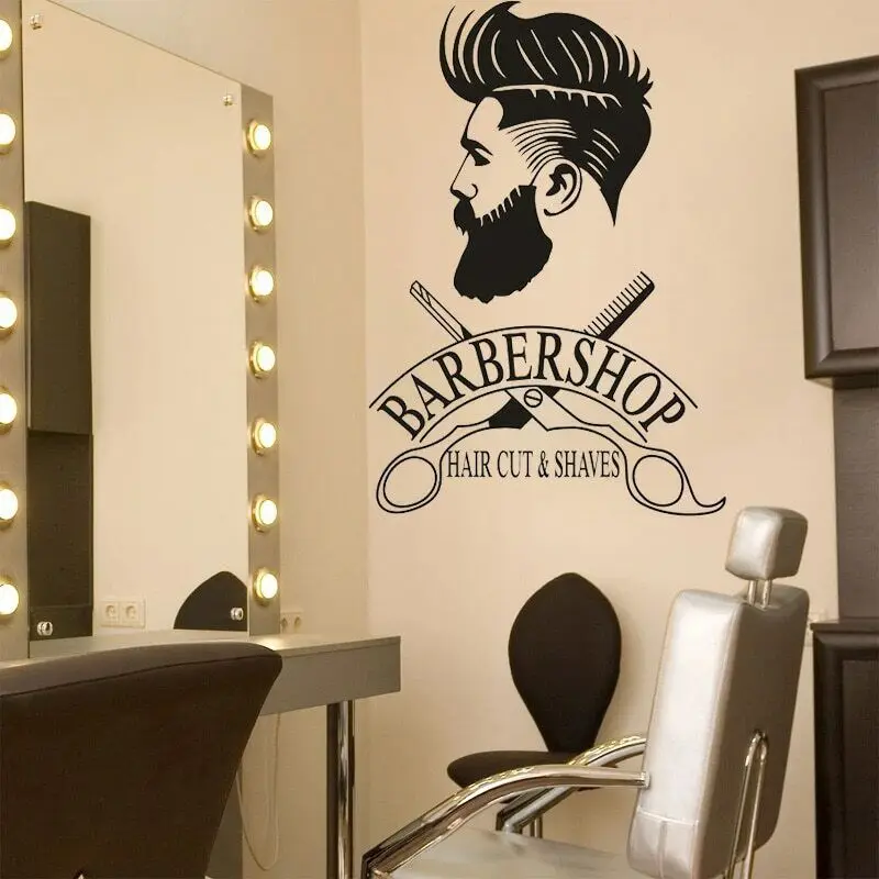 Barber Shop Window Decal Hipster Man Wall Sticker Hair Salon Scissors Murals Shave and Haircut Logo Window Mural