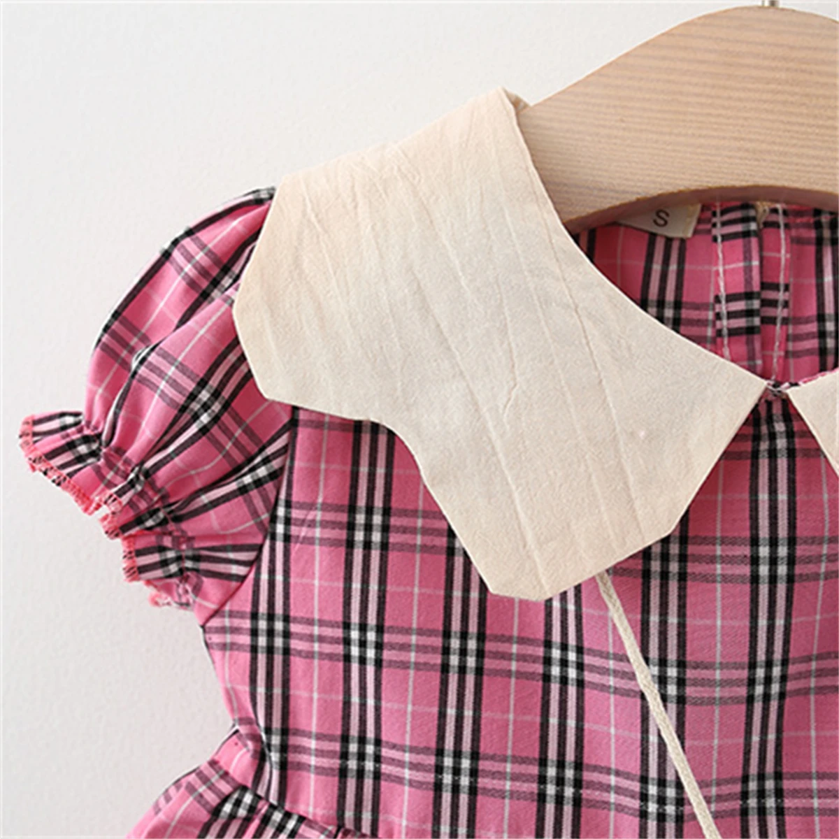 2/piece summer baby girl dress bag for girls solid color large lapel lace plaid bubble sleeve princess dress