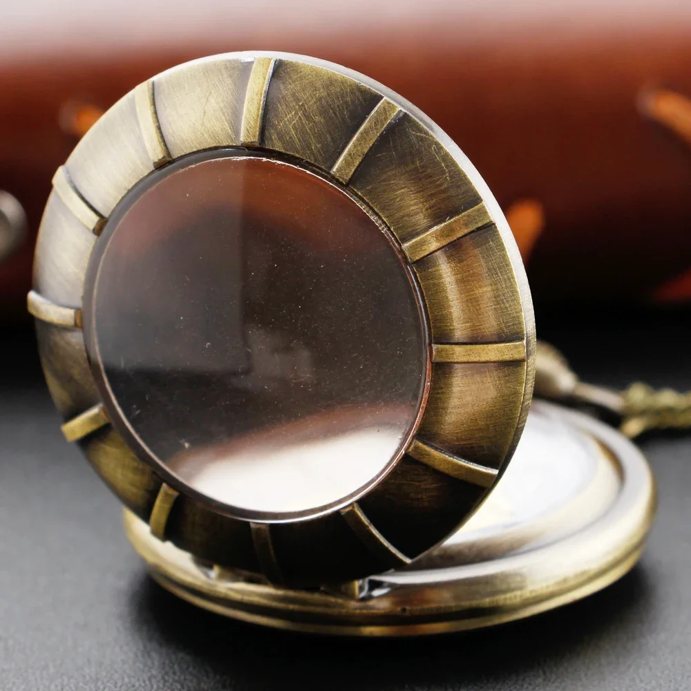 شكل عجلة شفافة الذهب الهاتفي البرونزية خمر الوقت جوهرة كوارتز ساعة الجيب للرجال المرأة رائعة قلادة قلادة هدية