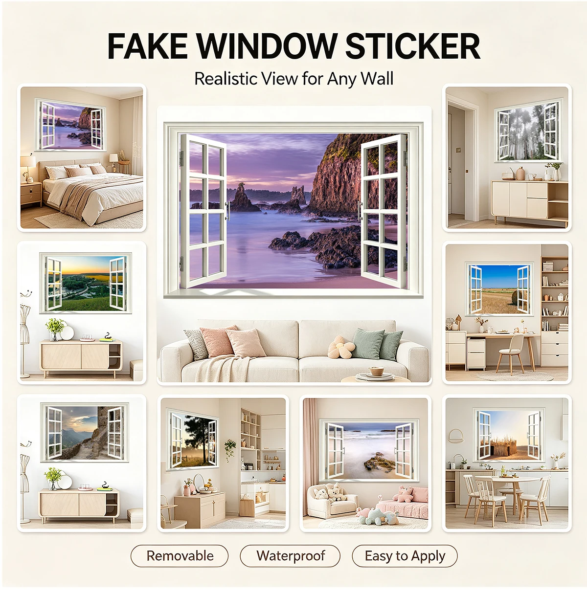Removable Fake Window Portes Sticker Ocean Cliff Beach Nature Scenery Mural Decal For Kitchen Living Room Bedroom Home Decor