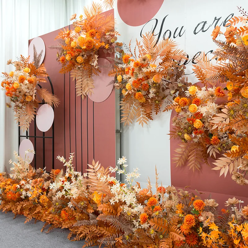 

1 Set Autumn Red Wedding Floral Arrangement Artificial Flower Row Table Flower Road Lead T Stage Backdrop Corner Flower Ball