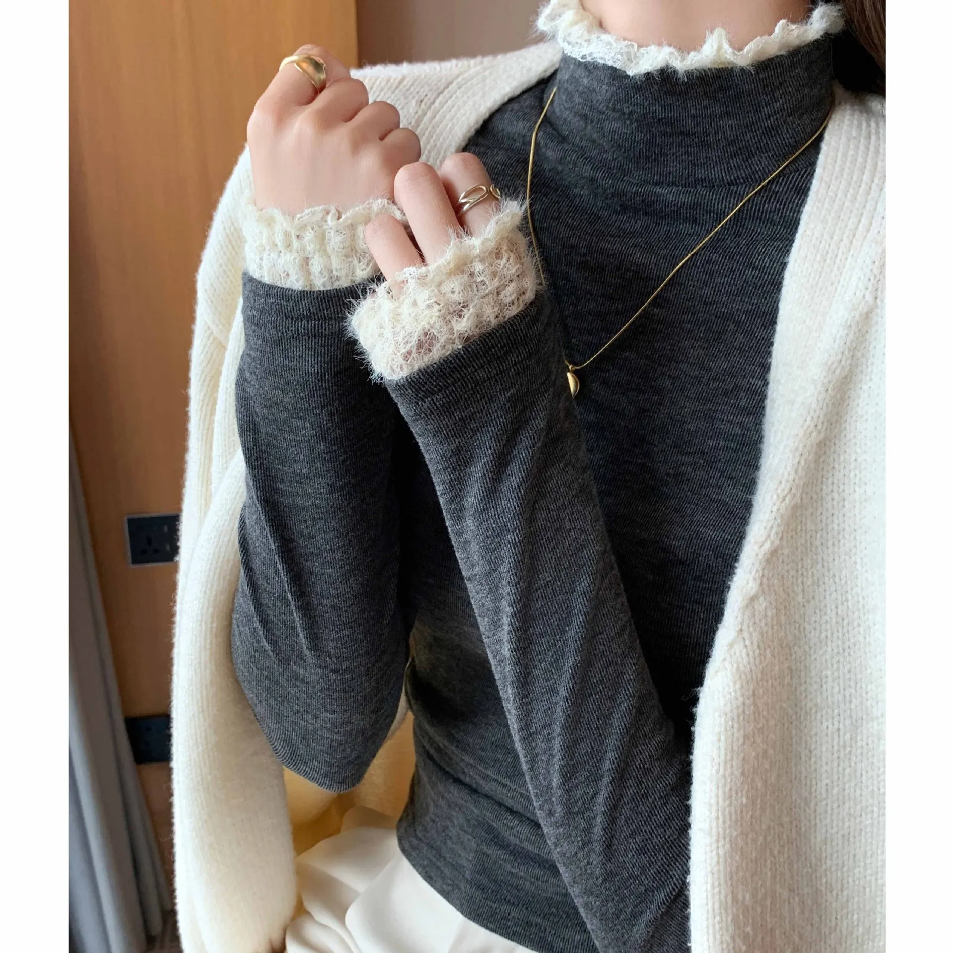 

Lace Patchwork Half High Neck Base Sweater for Women in Autumn and Winter Lace Knit Sweater for Inner Top