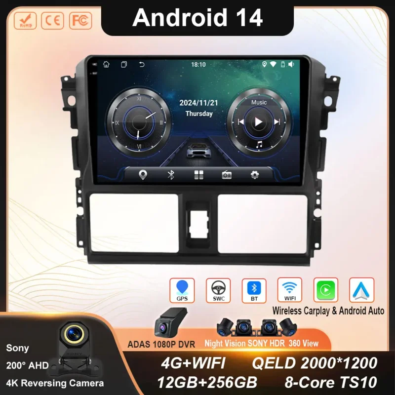 Android 14 Carplay Auto For Toyota Vios Yaris 2013 2014 2015 2016 Car Radio Multimedia Navigation Player Stereo WIFI 4G No 2DIN