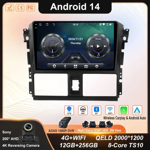 Android 14 Carplay Auto Für Toyota Vios Yaris 2013 2014 2015 2016 Auto Radio Multimedia Navigation Player Stereo WIFI 4G keine 2DIN
