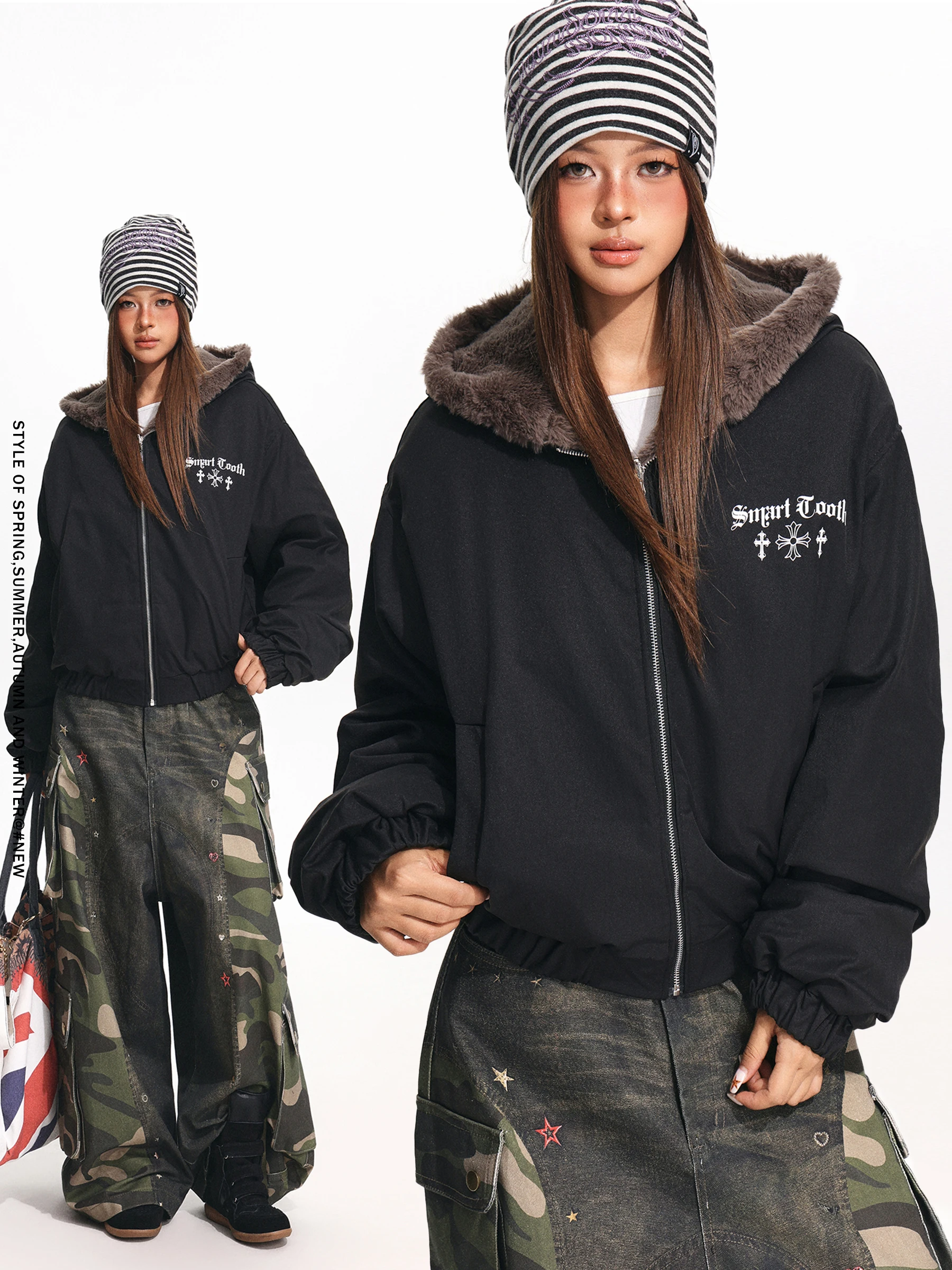 

Двусторонняя одежда, женское пальто Jaet, зимнее американское свободное повседневное пальто с капюшоном на подкладке, корейская версия