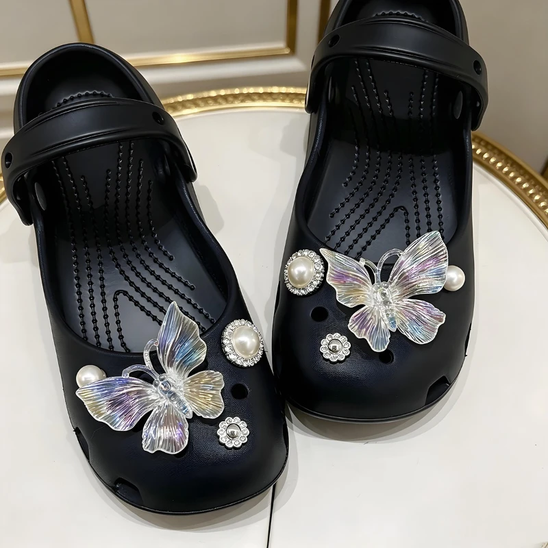 Shiny Iridescent Butterfly Rose Pearl Shoe Charms Transparent Resin DIY Clog Ornaments for Women Summer Hole Sandals Decor Gifts