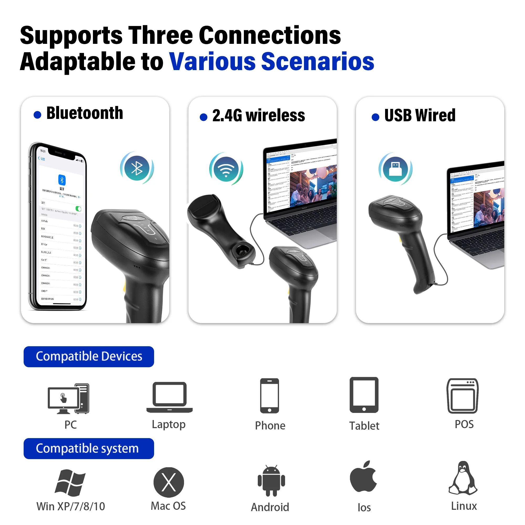 

2,4 г беспроводной BT V5.0 ручной 1d 2d qr сканер штрих-кода с надежным для аптечного логистики супермаркета