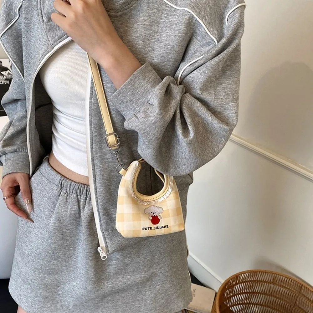 

Creative Embroidery Dog Shoulder Bag Grid Cartoon PU Crossbody Bag Korean Style Solid Color Crescent Handbags Children