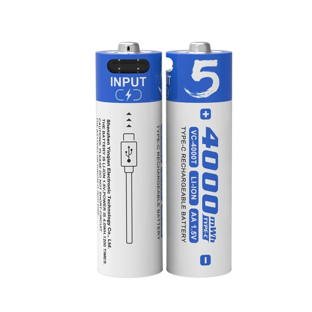 1.5V AA Rechargeable Lithium Battery 4000mWh USB Type-C Charging High Capacity for Flashlights/Toys/Cameras