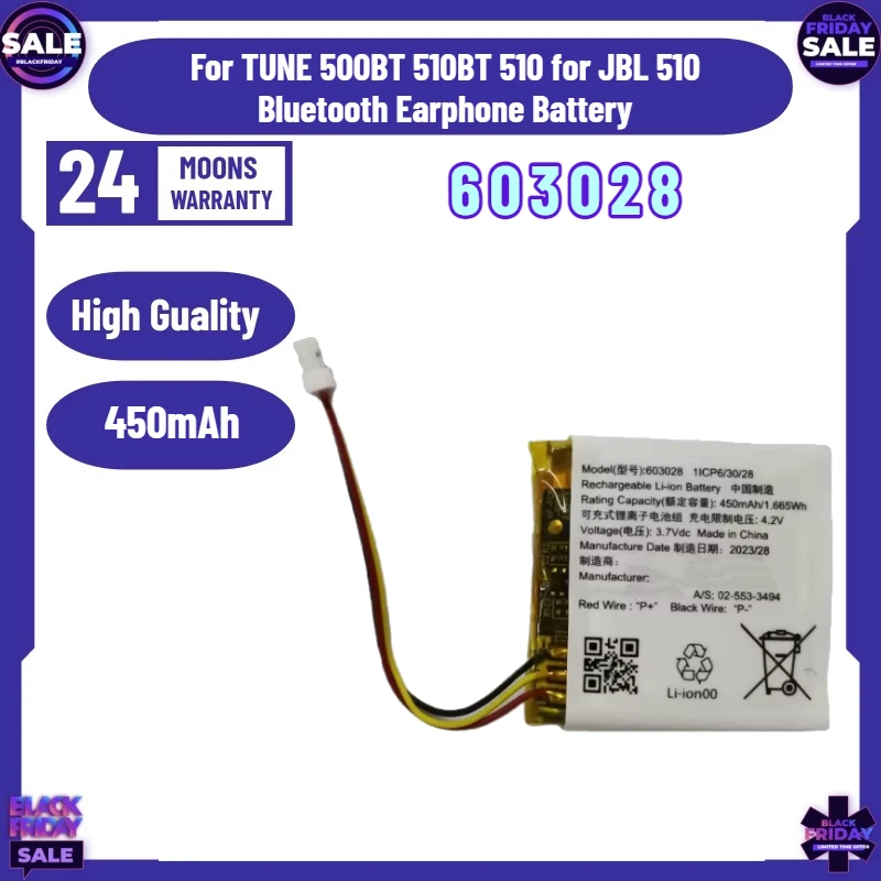 

New Battery 450mAh 603028 Replacement Battery for TUNE 500BT 510BT 510 for JBL 510 Bluetooth Earphone Battery