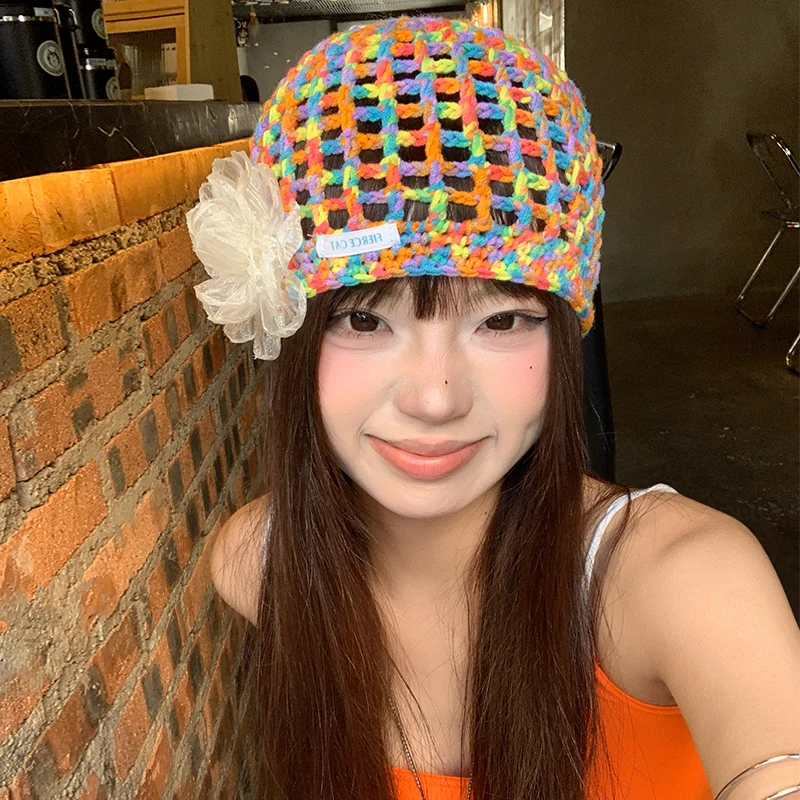 

Korean Color Dopamine Lace Flower Pullover Hat Women's Summer Hand Crocheted Hollow Breathable Short Brim Skull Beanie Cap
