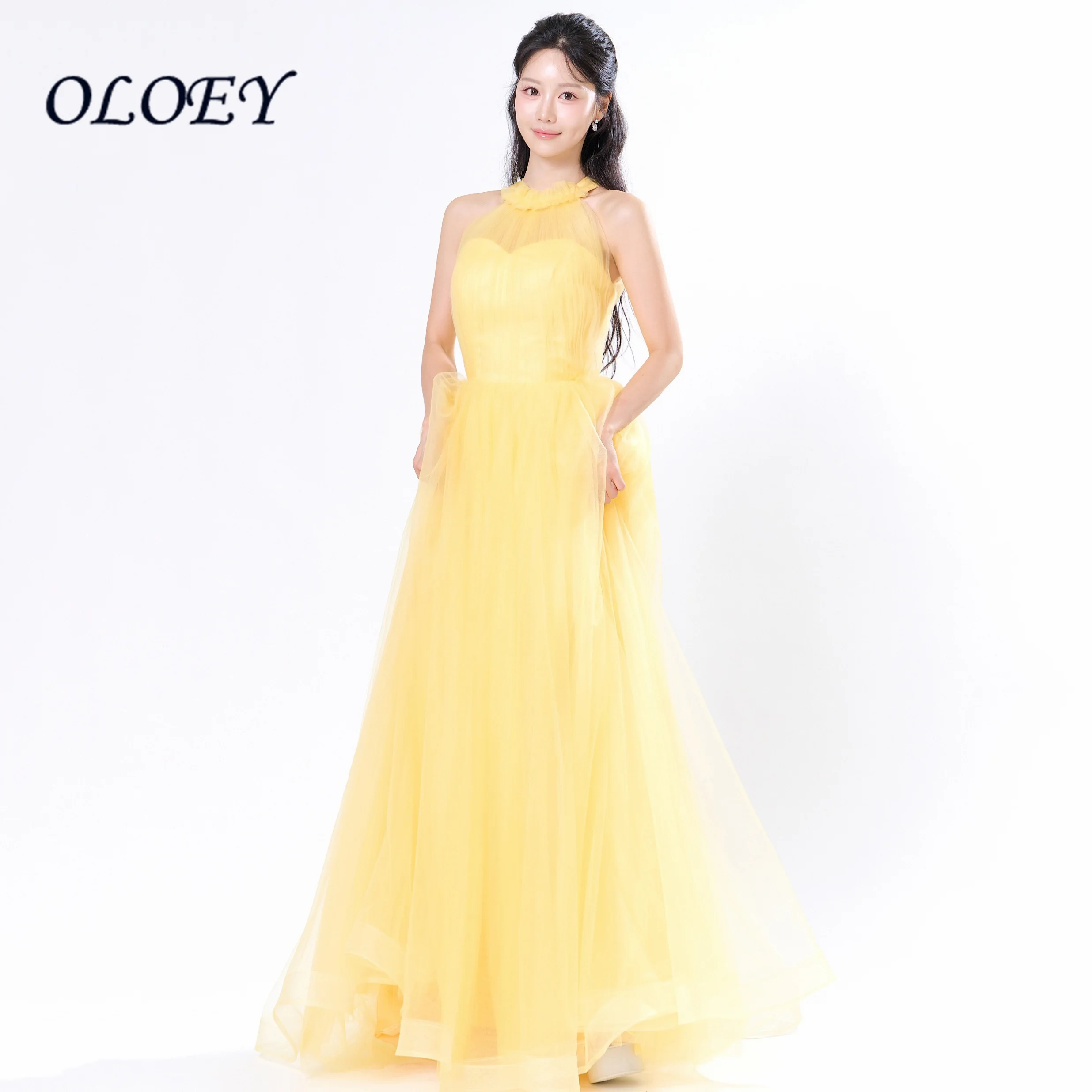 OLOEY 2027 Yellow Tulle Halter Prom Dress Ruched High Neck A-Line Floor-Length Evening Formal Korea Wedding Dress Photo Shoot