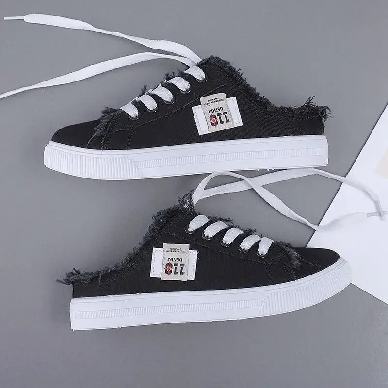 Women Denim Canvas Mule Sneakers Summer Breathable Lace‑Up Backless Slip‑On Casual Shoes Ladies Comfy Walking Outdoor Footwear