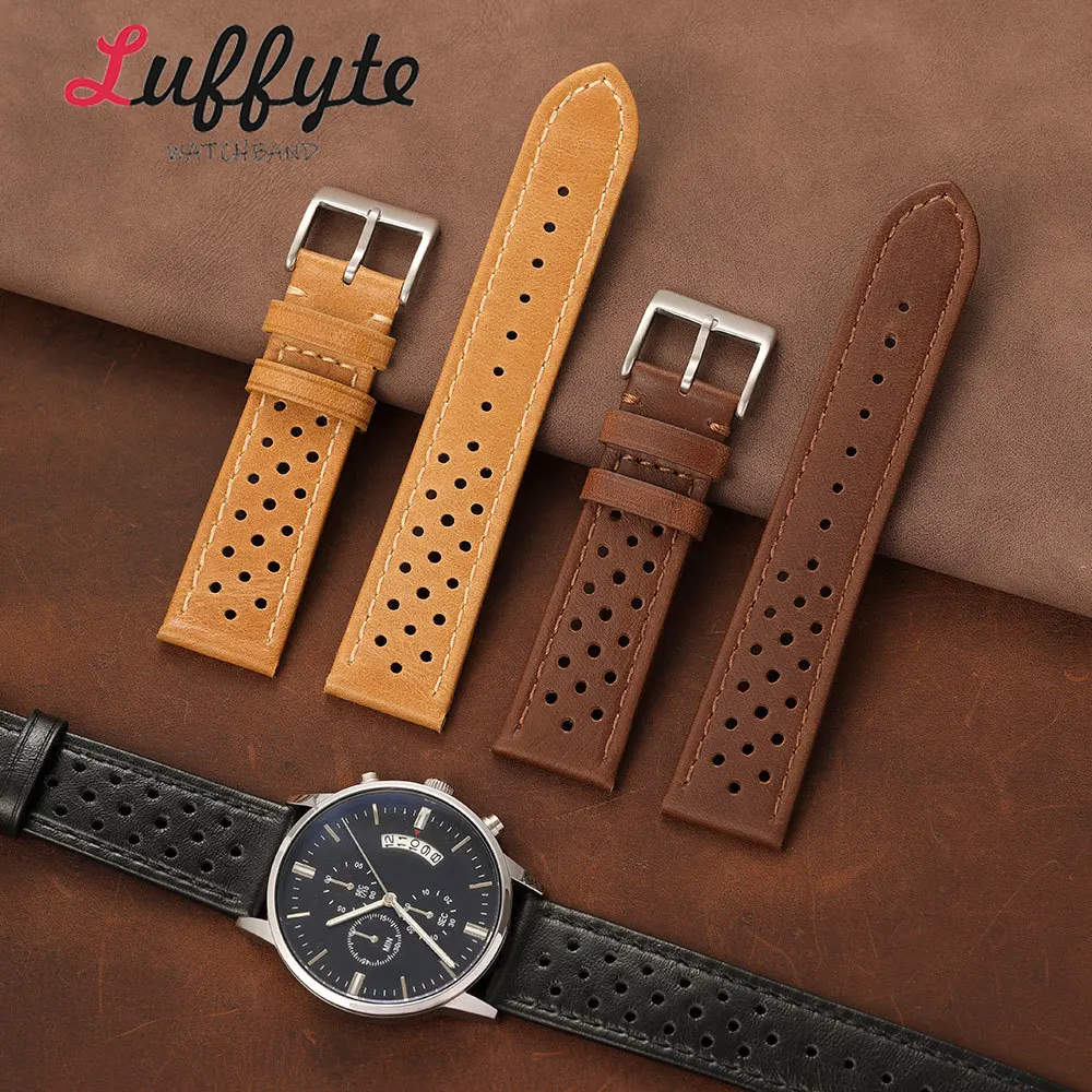 Men Calfskin Leather Watch Band 18mm 20mm 22mm With Perforated Holes Breathable Design Comfortable Replacement Watch Strap