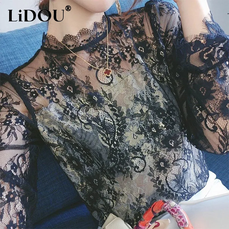 

Autumn Winter Stand Collar Hollow Out Lace Shirt Women Temperament All-match Bottoming Blouse Ladies Long Sleeve Pullovers Top