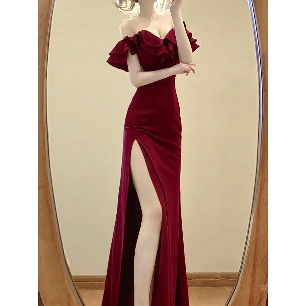 Red Sexy Backless High Waist Split Ruffles Package Hip Dress Elegant Off Shoulder Party Evening Dresses Women 2025 Summer Dress