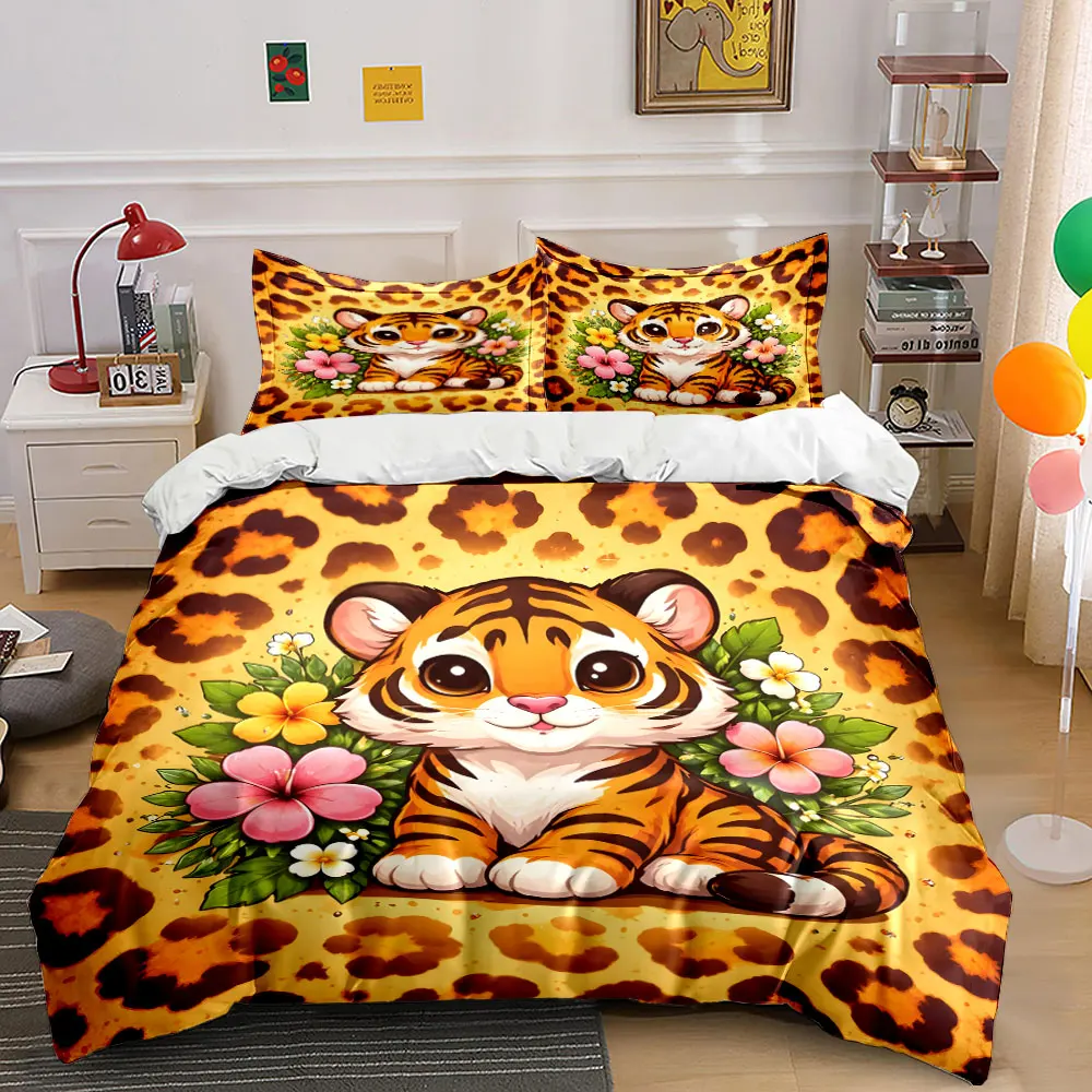 Cute tiger with floral background Bedding Set for Kids Luxury Gift 3pcs Digital Print Comforter Set Soft Comfortable Breathable