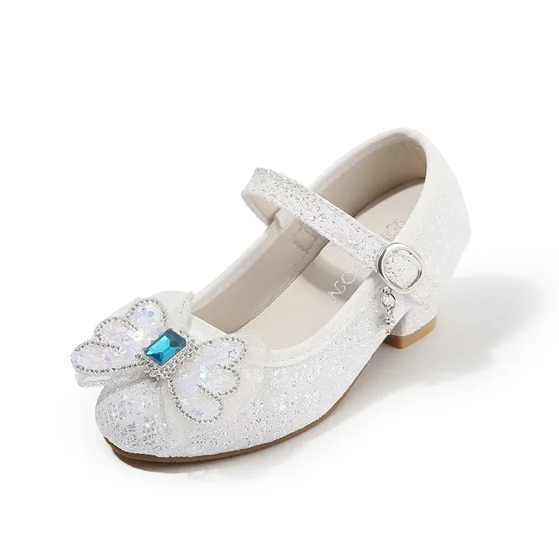 Girls Mary Jane Princess Low‑Heel Dress Shoes, Glitter Mesh Bow Square Rhinestone Decor Adjustable Strap Non‑Slip Kids Party