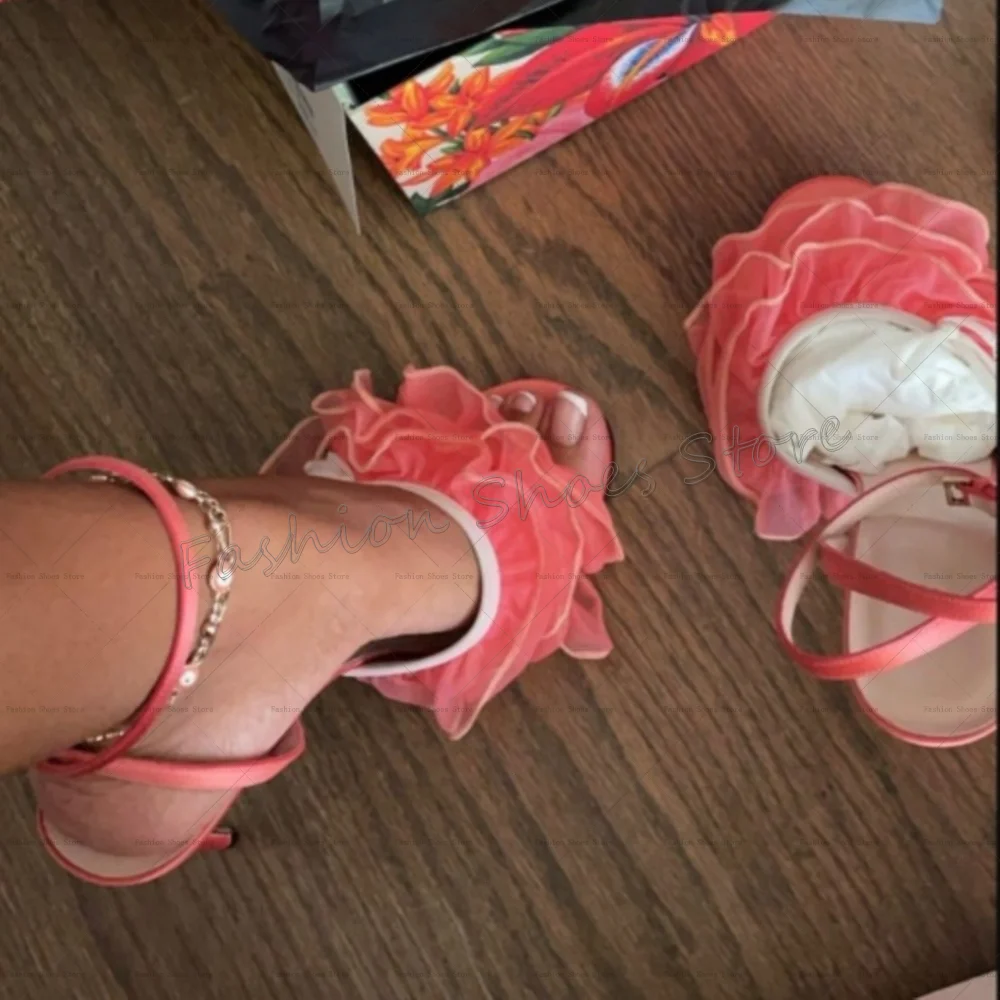 

Pink Buckle Strap Round Toe Ruffles Sandals Open Toe Women Shoes Thin High Heels Party Banquet Dating 2025 Zapatos Para Mujere