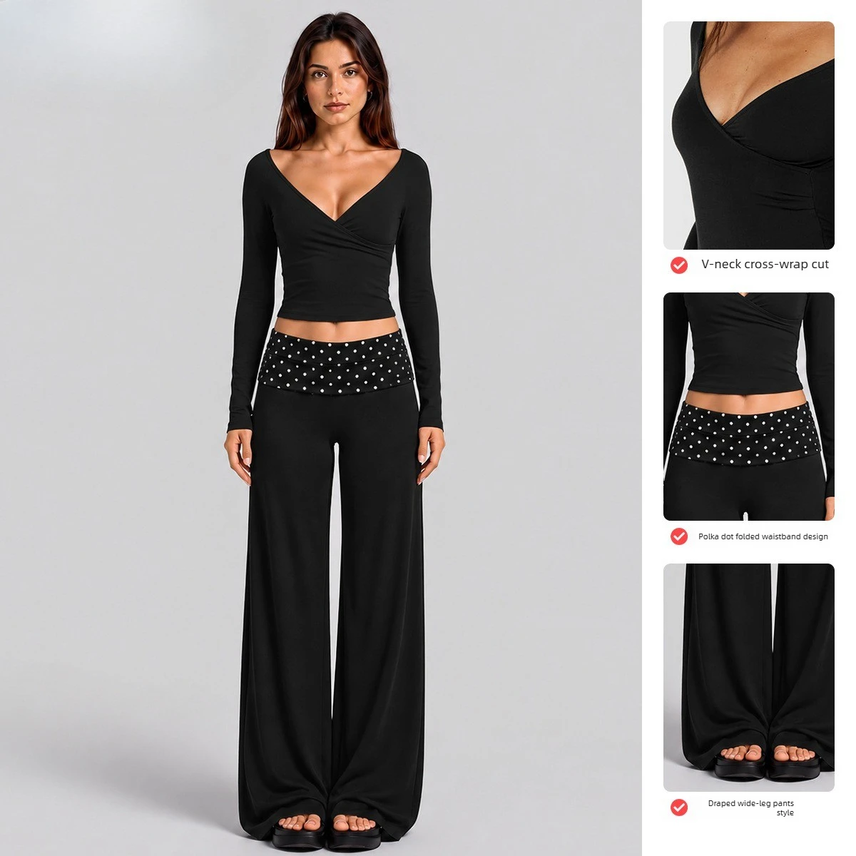 Women 2 Piece Yoga Outfit V Neck Long Sleeve Crop Top Fold Over Polka Dot Waist Wide Leg Pants Gym Pilates Fitness Workout Set