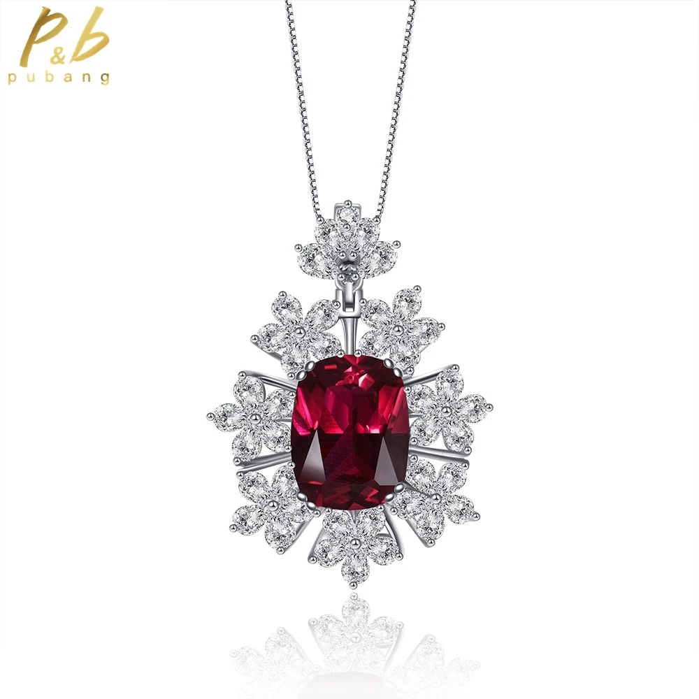 

PuBang Fine Jewelry Solid 925 Sterling Silver Ruby Gem Cocktail Pendant Necklace Created Moissanite for Women Gift Drop Shipping