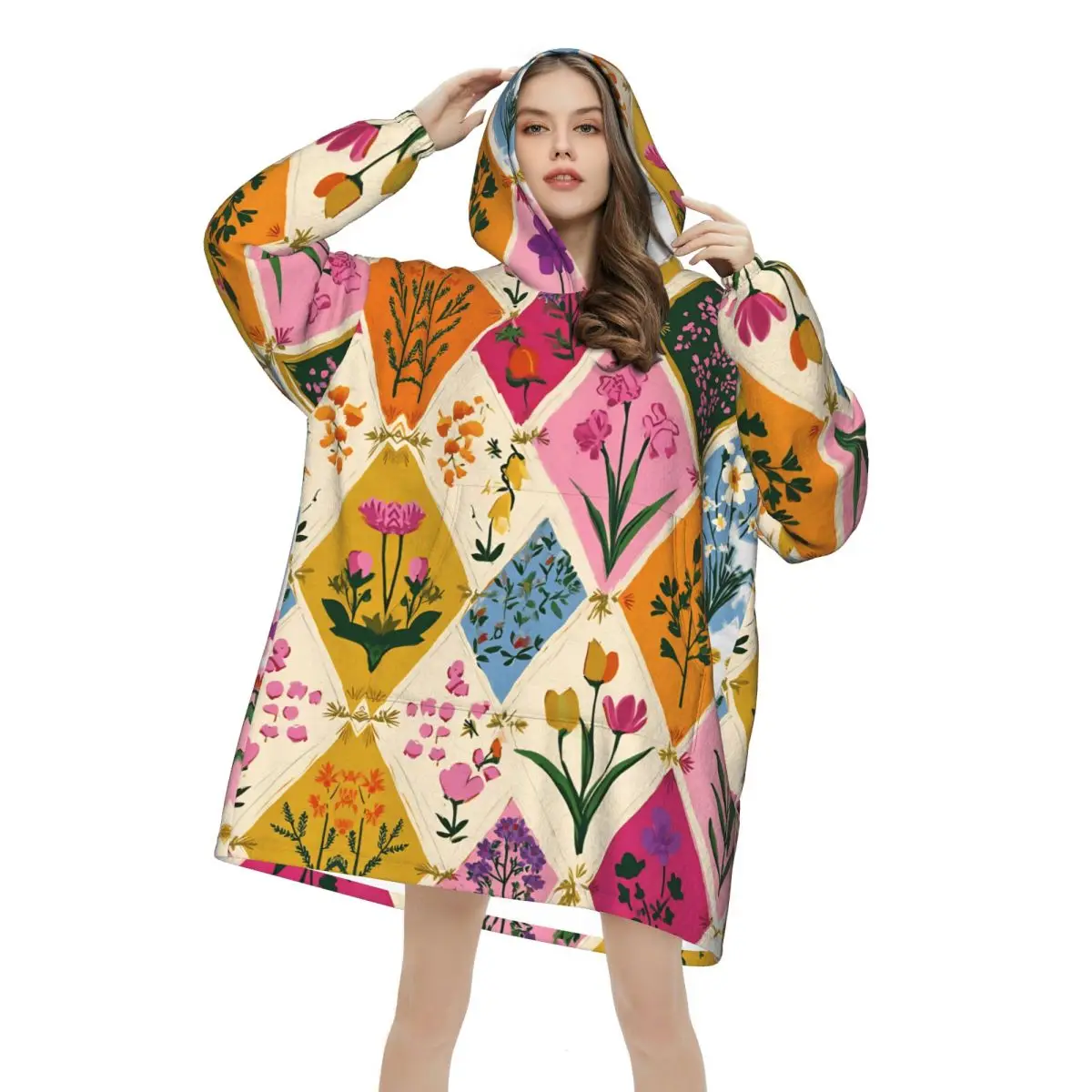 Floral Patchwork Oversized Blanket Hoodie Sweatshirt Long Fleece Hooded Wearable Blanket with Large Pocket for Women Men