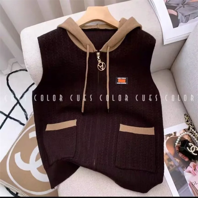 春秋新作 2025 ニットカーディガンベストジャケット レディースファッション ポケット付き ノースリーブ カラーマッチングベスト フード付きベストトップ